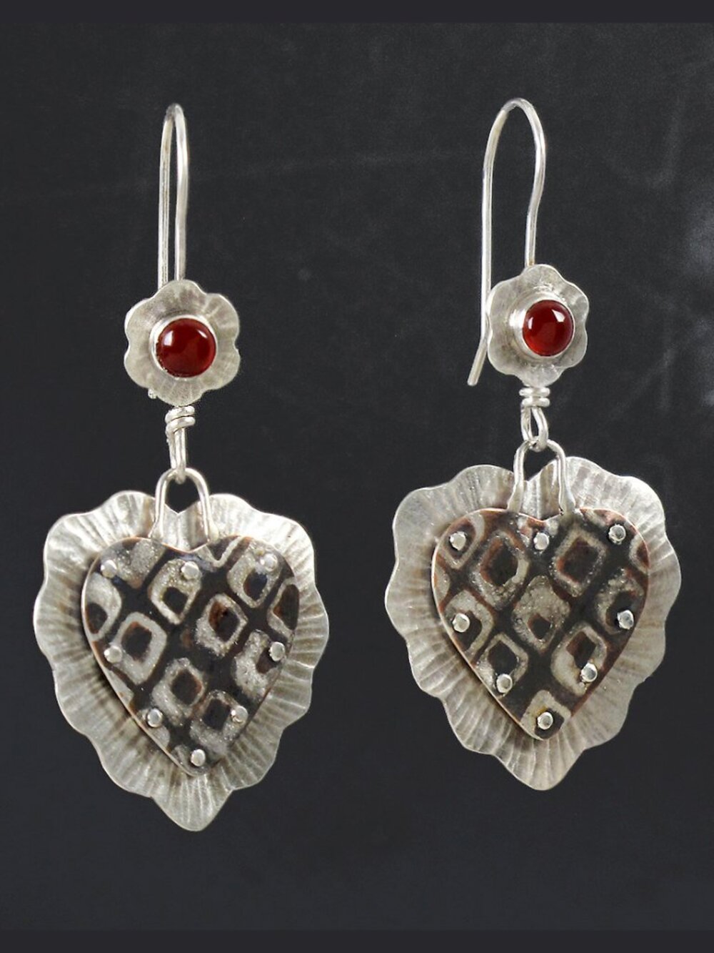 Copper & Sterling Silver Heart Earrings with Carnelian, Artisan Made